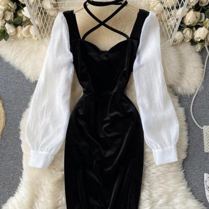 Black velvet and white dress long s..