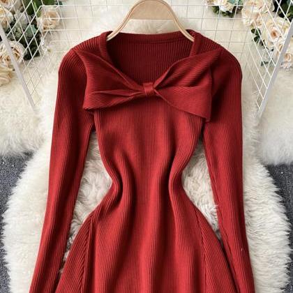 Cute A Line Long Sleeve Sweater Dress