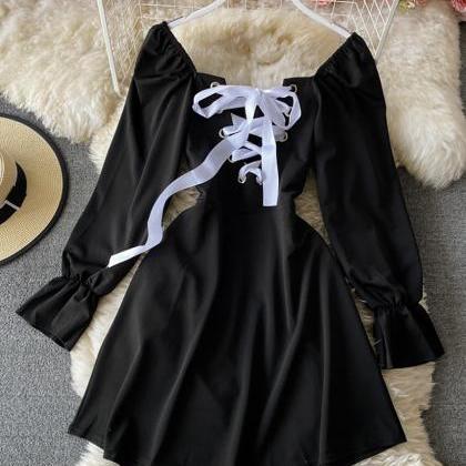 Black Lace Up Long Sleeve Dress Fashion Dress
