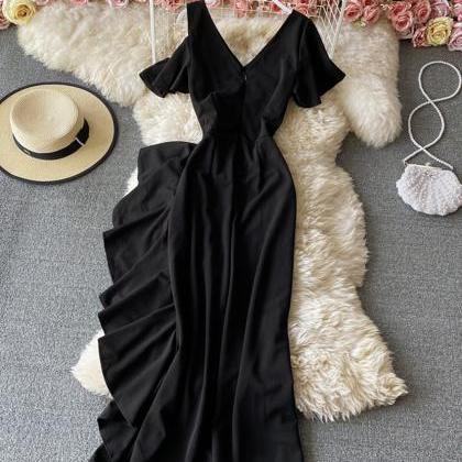 Unique V Neck Black Dress Short Dress