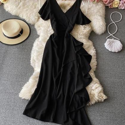 Unique V Neck Black Dress Short Dress