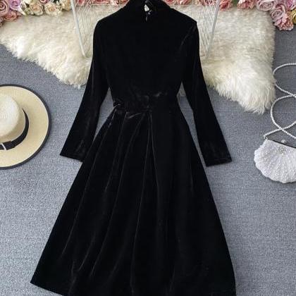 Black Velvet Long Sleeve Dress Party Dress