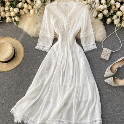 White A Line Lace Dress V Neck Dress