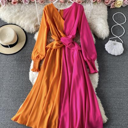 Unique Color-blocking Long-sleeved Dress