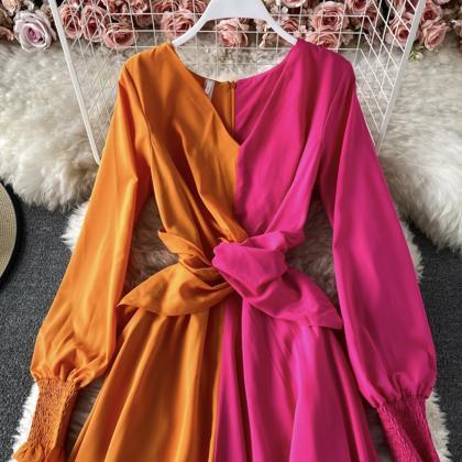 Unique Color-blocking Long-sleeved Dress
