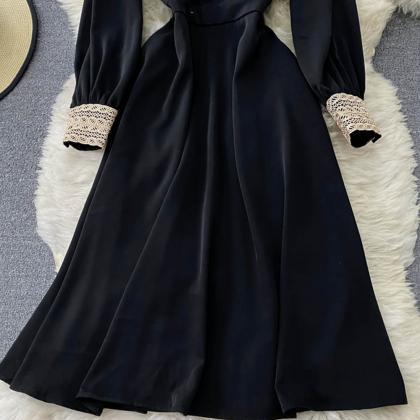Elegant V Neck Lace Long Sleeve Dress Black Dress