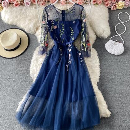 Blue A Line Tulle Dress Blue Embroidery Dress
