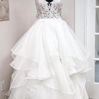 White V Neck Tulle Long Prom Dress Lace Evening..
