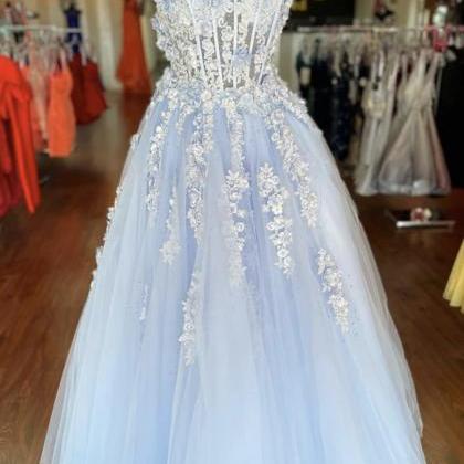 Blue A Line Tulle Long Prom Dress With Appliqué