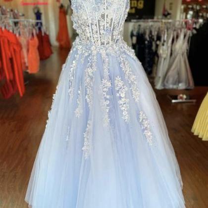 Blue A Line Tulle Long Prom Dress With Appliqué