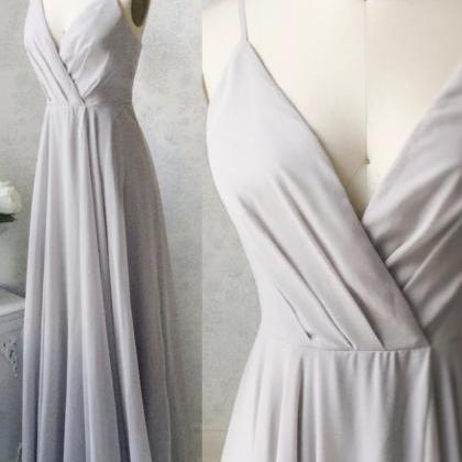 Grey Chiffon Long Prom Dress V Neck Evening Dress