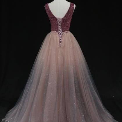 Amazing A Line Tulle Long Prom Dress V Neck..