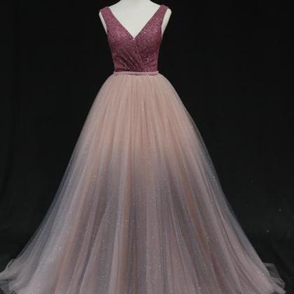 Amazing A Line Tulle Long Prom Dress V Neck..
