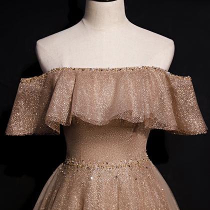 Gold Sequins Long A Line Prom Dress Shiny Evening..