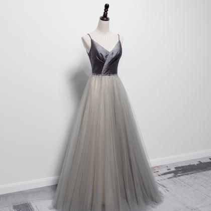 Grey Tulle Long Prom Dress Formal Dress