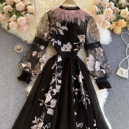 Unique A Line Embroidery Dress Black Dress
