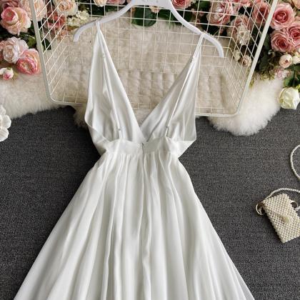 Simple A Line Chiffon Dress White V Neck Dress