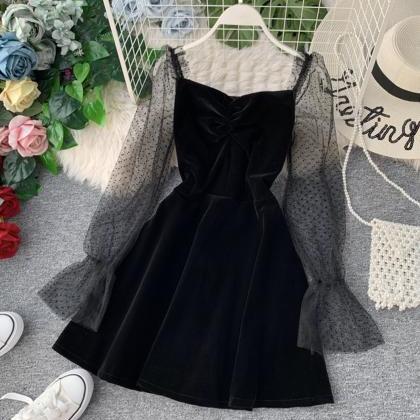 Black Velvet Short Dress Long Sleeve Dress