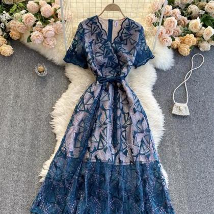 Blue V Neck Lace Dress Party Dress