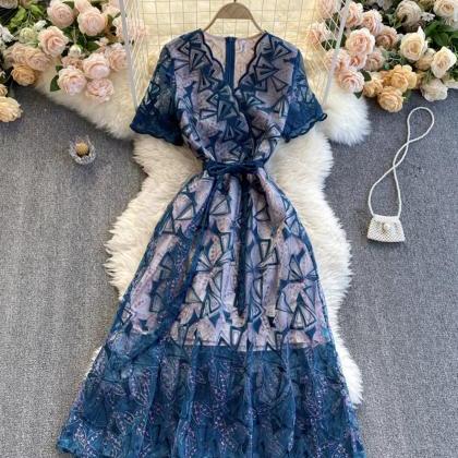 Blue V Neck Lace Dress Party Dress