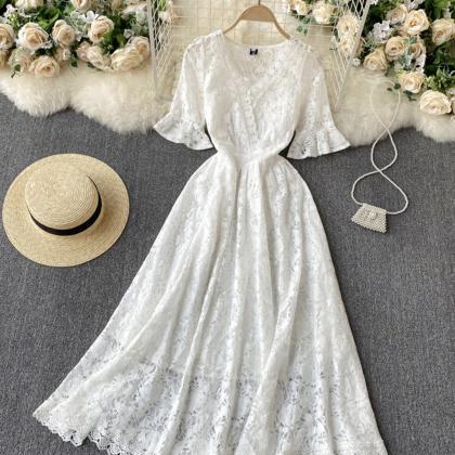 White A Line Lace V Neck Dress