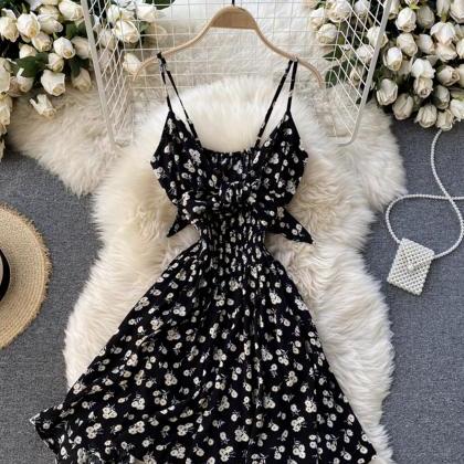 Black A Line Floral Dress With Bow on Luulla