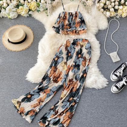 Stylish Floral Two Pieces Sets Tops+ Wide Leg..