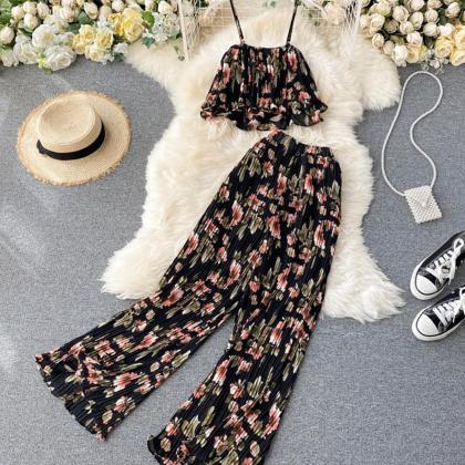 Stylish Floral Two Pieces Sets Tops+ Wide Leg..