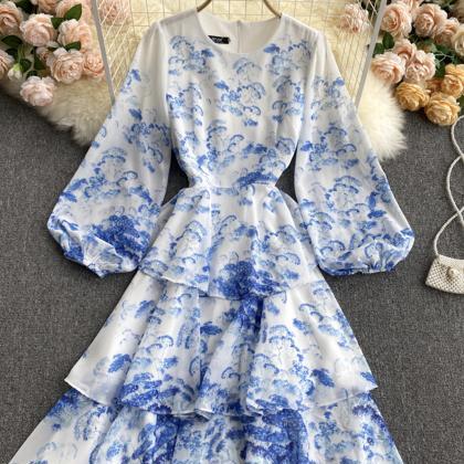 Cute Round Neck Long Sleeve Dress Blue Floral..