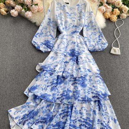Cute Round Neck Long Sleeve Dress Blue Floral..