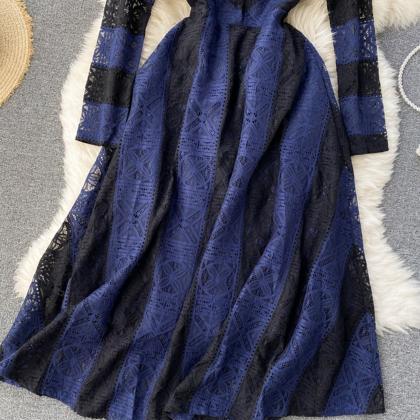 Blue Lace Long Sleeve Dress A Line Dress