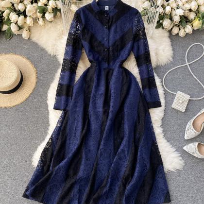 Blue Lace Long Sleeve Dress A Line Dress