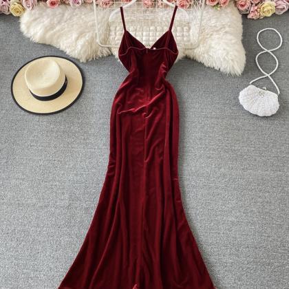Burgundy Velvet Long Dress