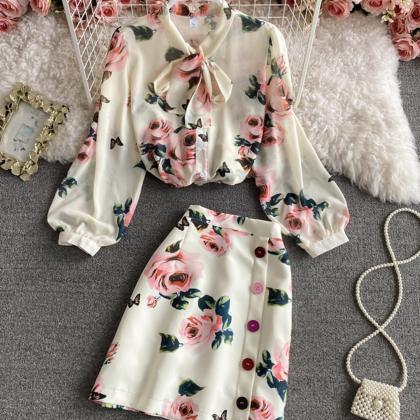 Stylish Two Pieces Sets Floral Top+ Skirt