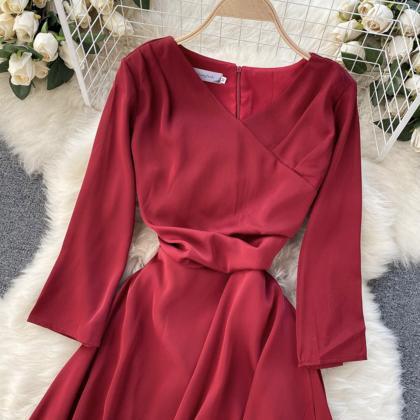 Red V-neck Irregular Dress A Line Fashion Dress