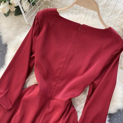 Red V-neck Irregular Dress A Line Fashion Dress