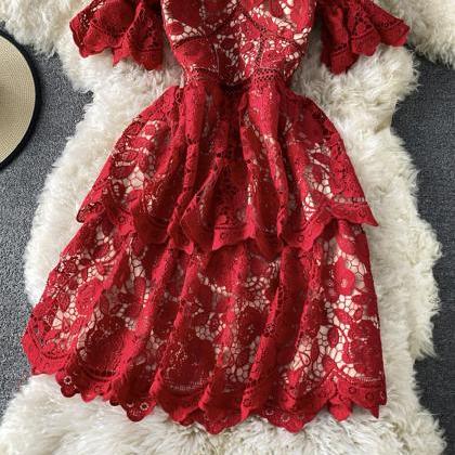 Cute V Neck Lace Short Dress Red A Line Dress