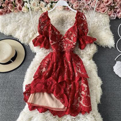 Cute V Neck Lace Short Dress Red A Line Dress