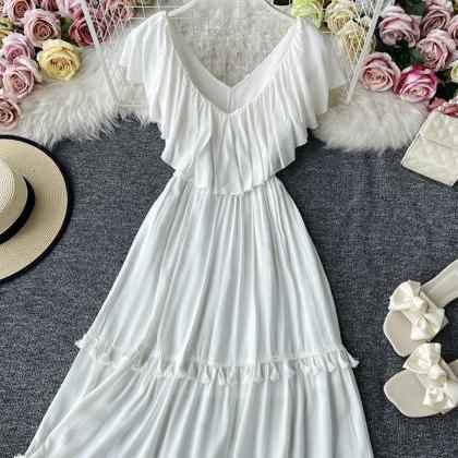 White V Neck Fringed Dress A Line Fashion Dress