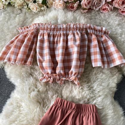 Stylish Two Pieces Sets Plaid Tops + Wide Leg..