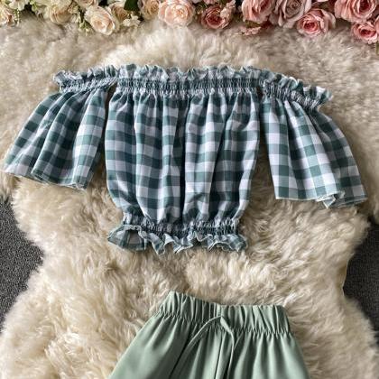 Stylish Two Pieces Sets Plaid Tops + Wide Leg..