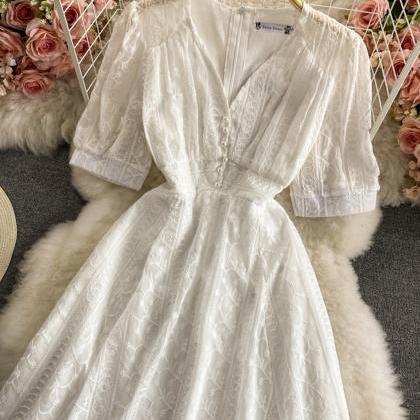 White A Line V Neck Short Dress Lace Dress