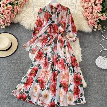 Stylish Chiffon Floral Dress A Line Long Sleeve..