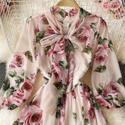 Stylish A Line Floral Long Sleeve Dress Fashion..
