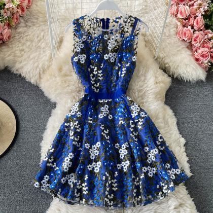 Blue lace applique short dress fash..