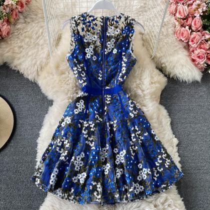 Blue lace applique short dress fash..
