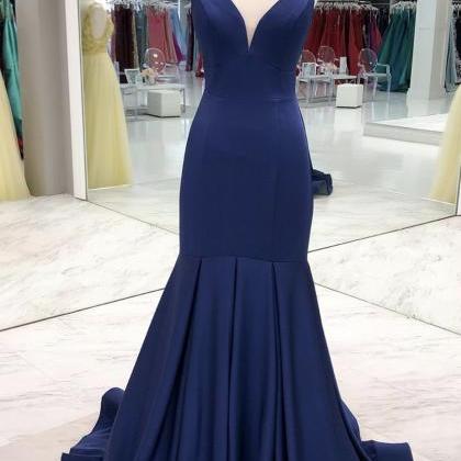 Blue Satin Long Prom Dress Mermaid Evening Dress