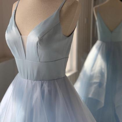 Blue V Neck Tulle Long Prom Dress Blue Evening..