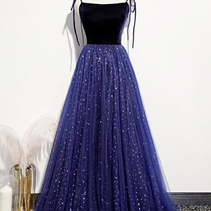Blue Velvet Tulle Long Prom Dress A Line Evening..