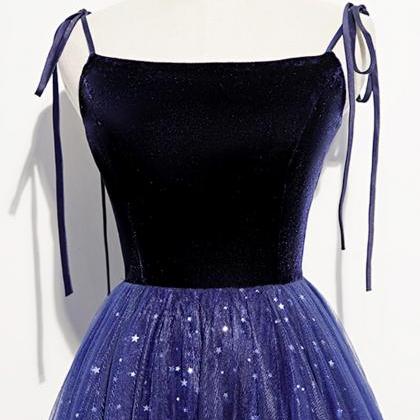 Blue Velvet Tulle Long Prom Dress A Line Evening..